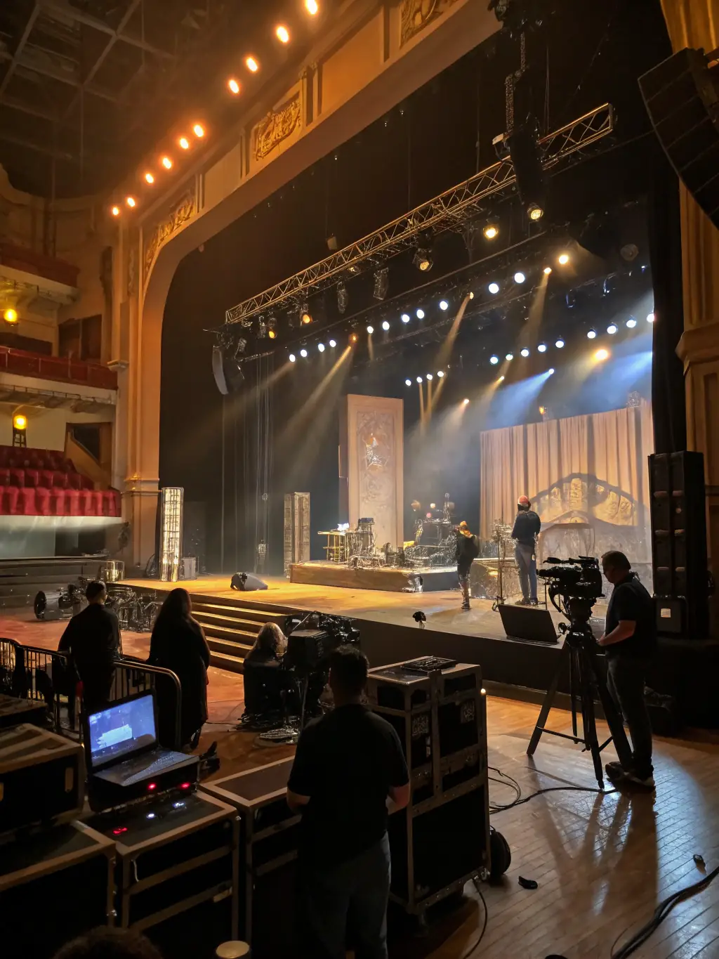 A photograph of a stage management training session, highlighting participants learning about stage setup, lighting, and backstage coordination.