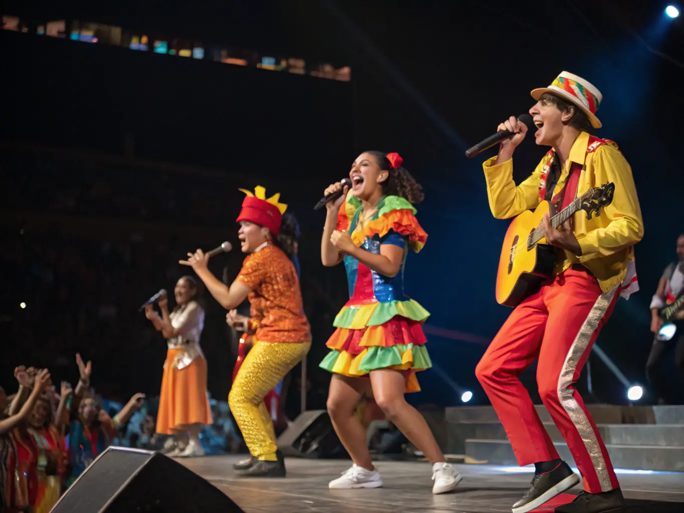 A vibrant scene from a community cultural event, showcasing performers on stage with enthusiastic audience members, highlighting the impact of educational projects.