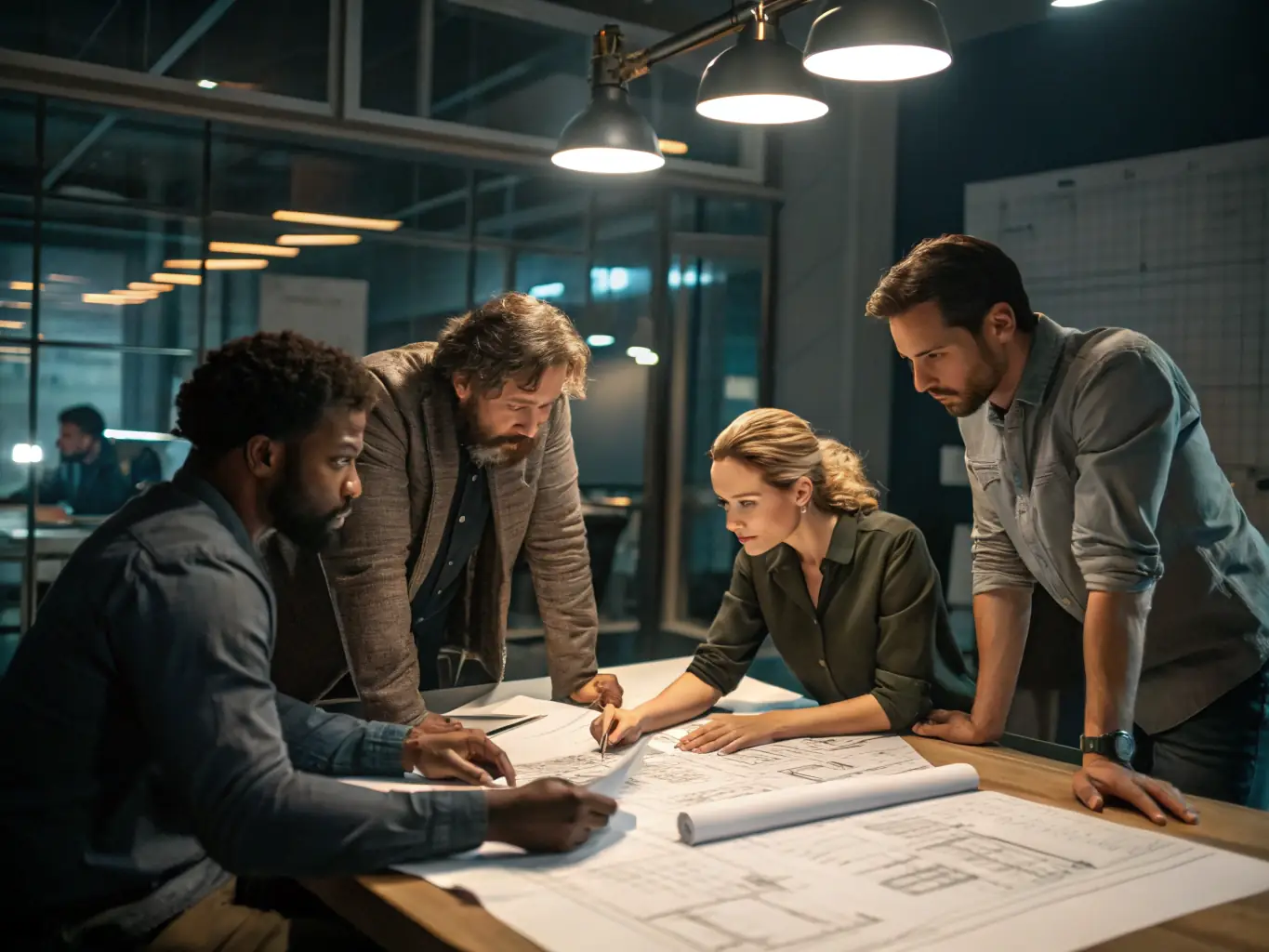 A diverse team collaborating on a stage design project, reviewing blueprints and discussing technical specifications in a well-lit, collaborative workspace.