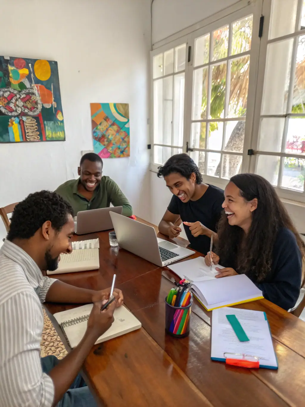 A diverse group collaborating on the planning and execution of a cultural event, showcasing teamwork and community engagement.