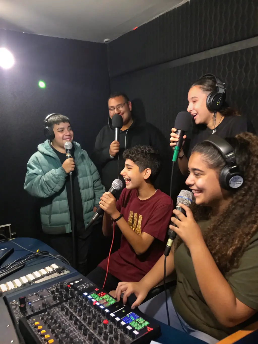 A dynamic image of a sound engineering workshop in progress, showcasing diverse participants actively learning and collaborating on equipment setup.