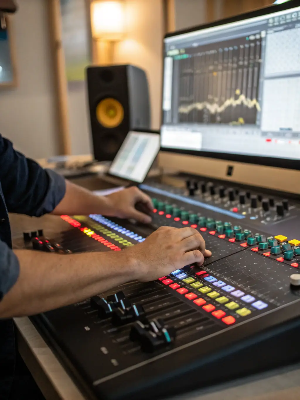A group of participants actively engaged in a sound engineering workshop, focused on mixing audio using a professional console, showcasing hands-on learning.