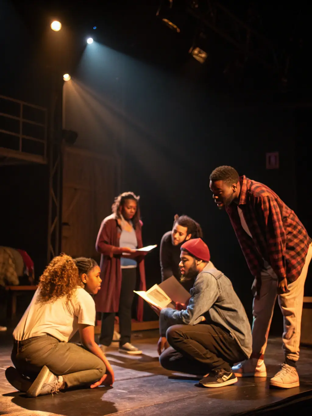 A vibrant scene from a stage management training session, with participants practicing cue calling and coordinating backstage activities during a mock performance.
