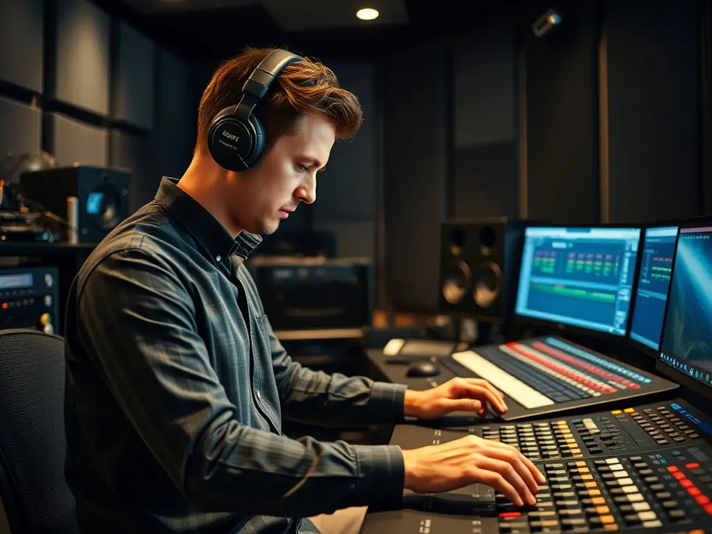 A group of participants actively engaged in a sound engineering workshop, adjusting audio equipment with focused expressions, set in a modern studio environment.