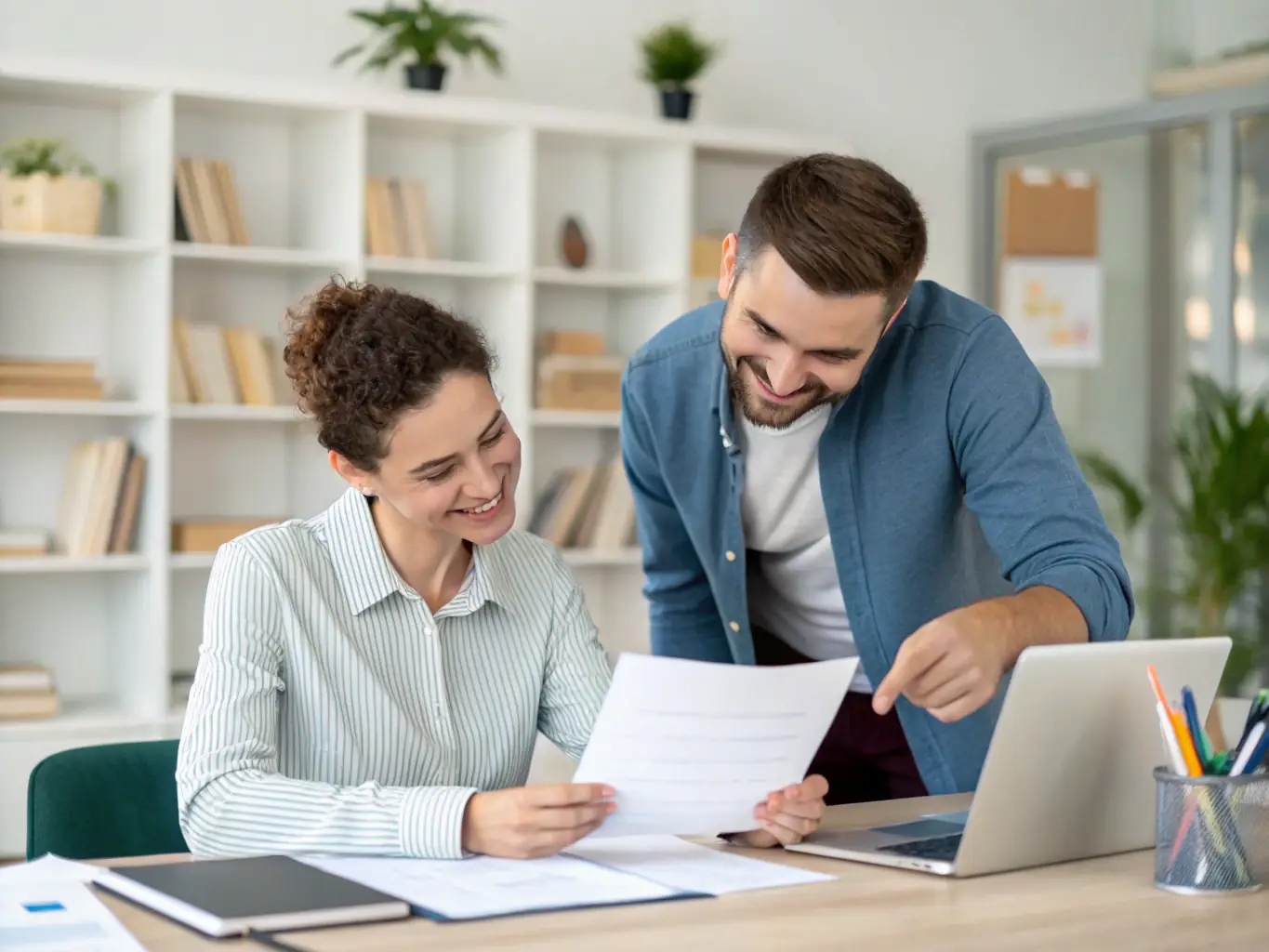 A person receiving guidance on administrative tasks, such as grant writing or project management, in a well-lit office setting with supportive staff.