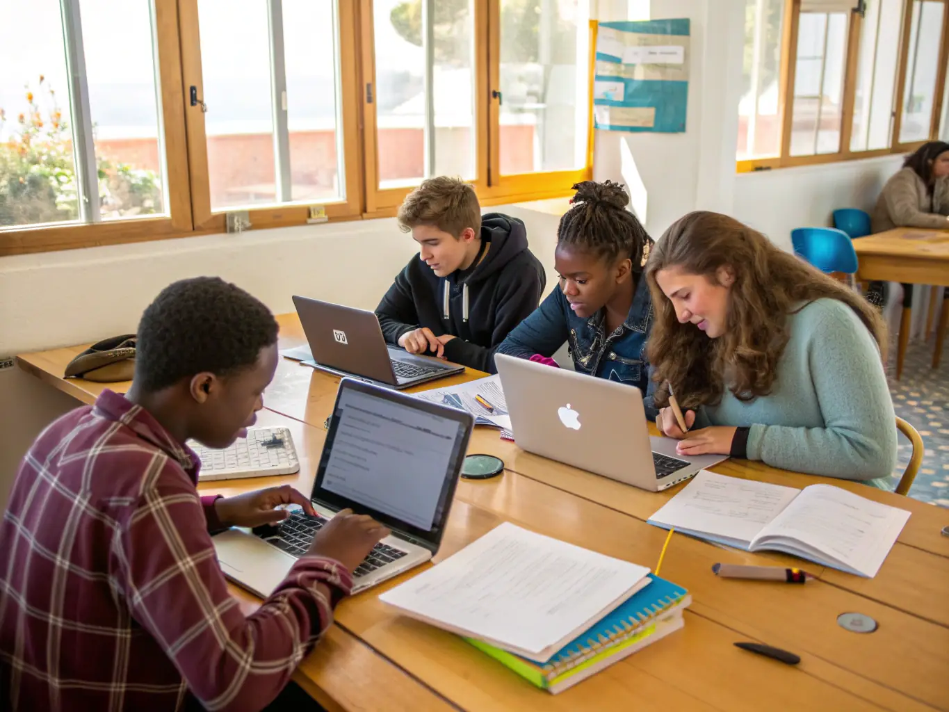 A diverse group of students participating in an educational project, possibly creating a short film or organizing a community event, showcasing teamwork and creativity.