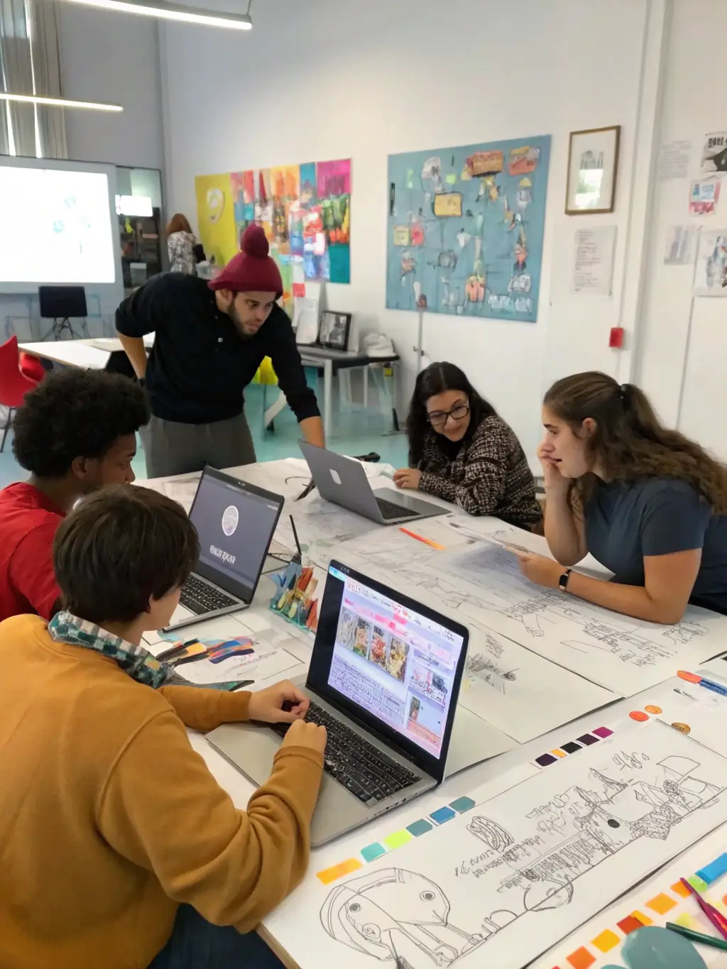 A photo of young adults participating in an animation workshop, creating storyboards and learning animation techniques, emphasizing youth engagement.