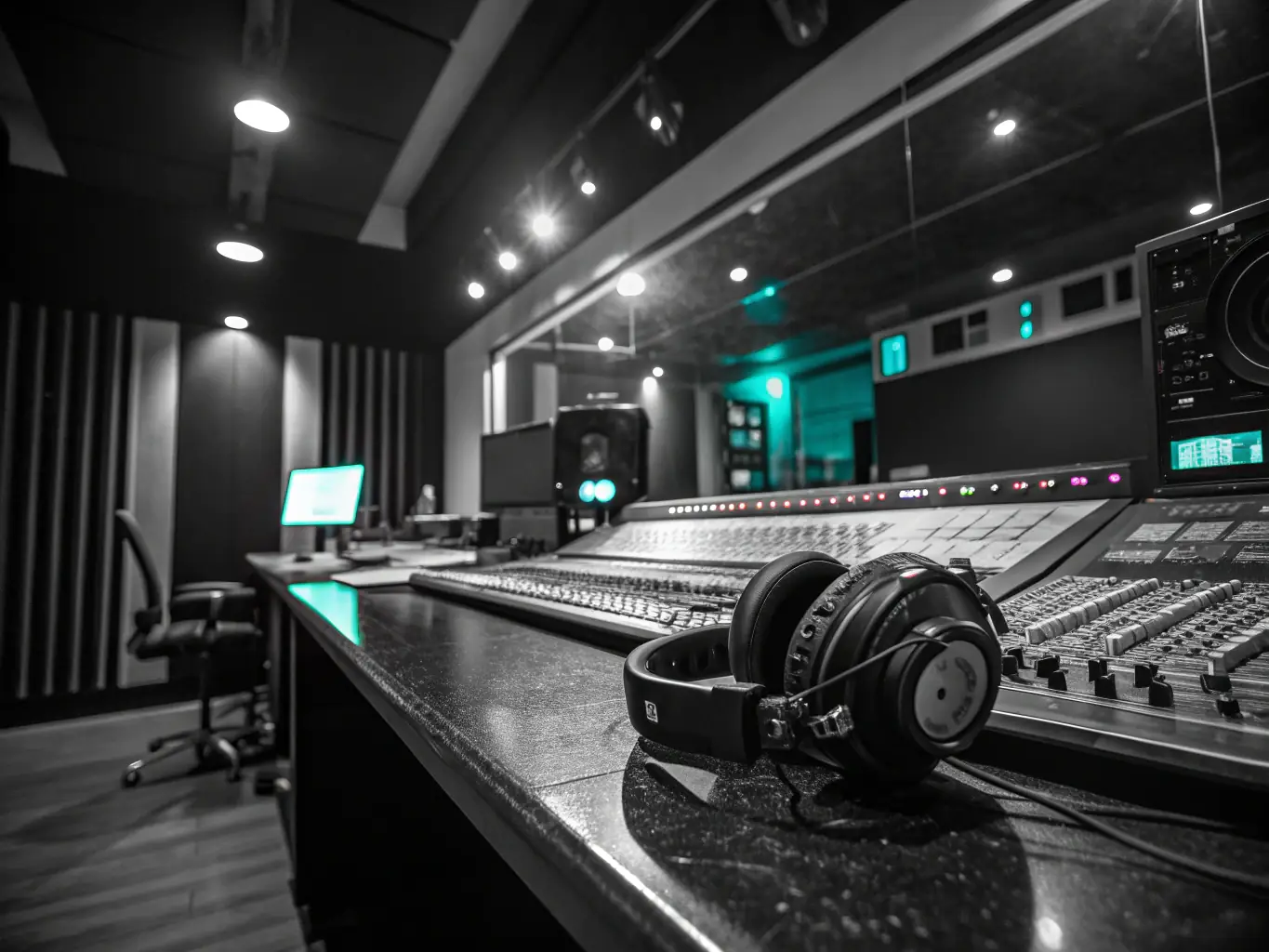 A group of participants actively engaged in a sound engineering workshop, focusing on mixing audio using professional equipment, set in a modern studio environment.